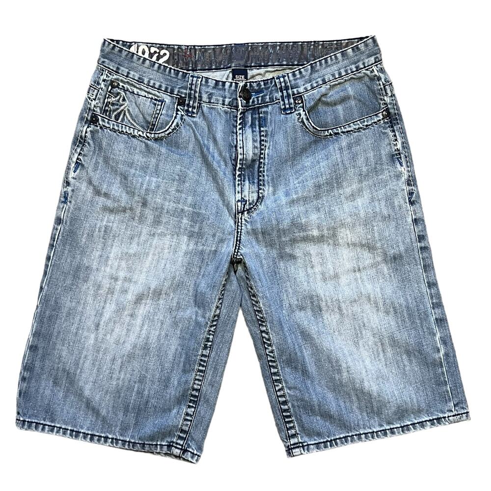 ECKO UNLTD Vintage Y2K Baggy Fit Light Wash Embroidered Denim Jean Shorts Men 34